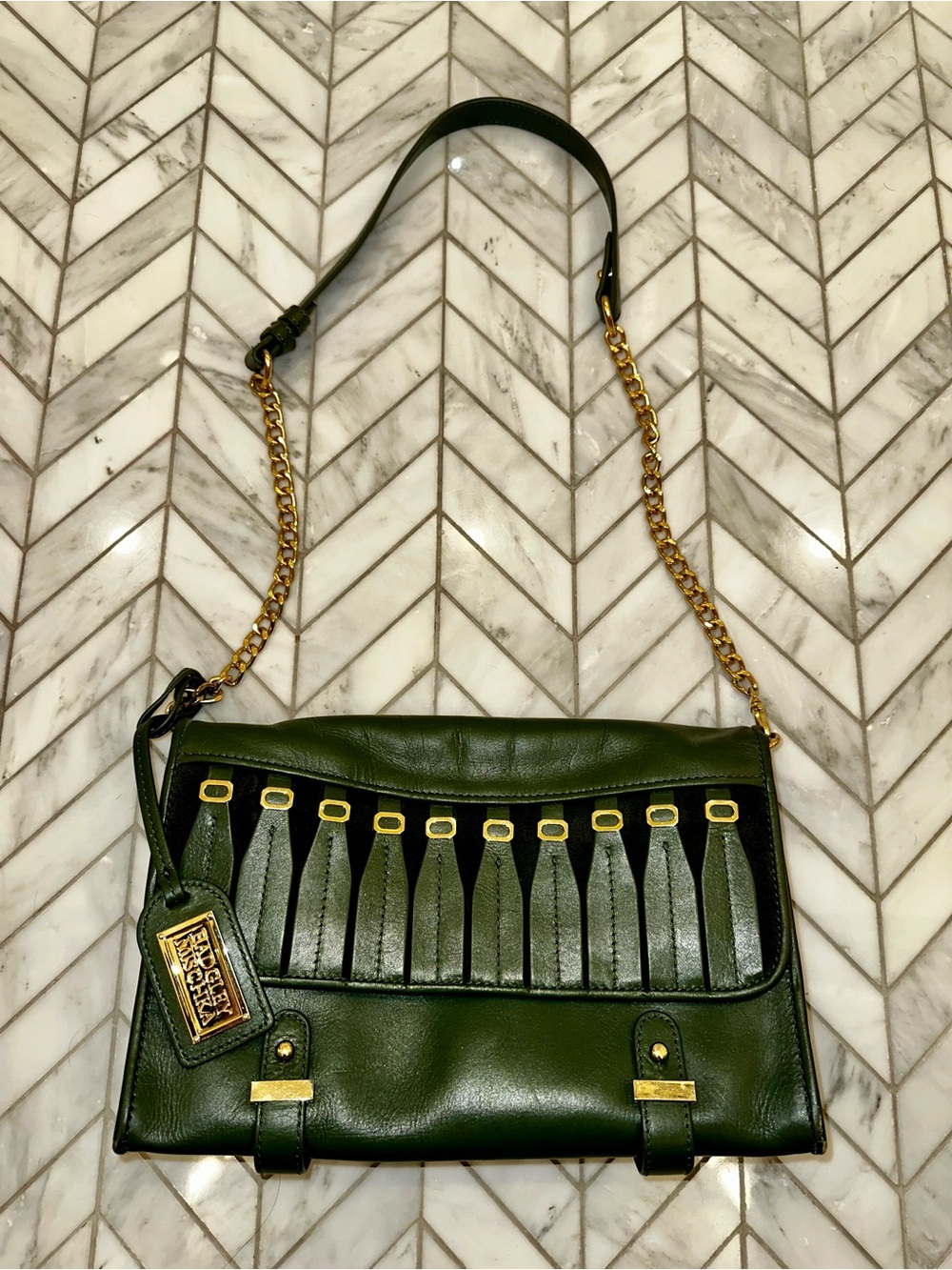 Badgley Mishka Green Leather Shoulder Bag with Gold Hardware